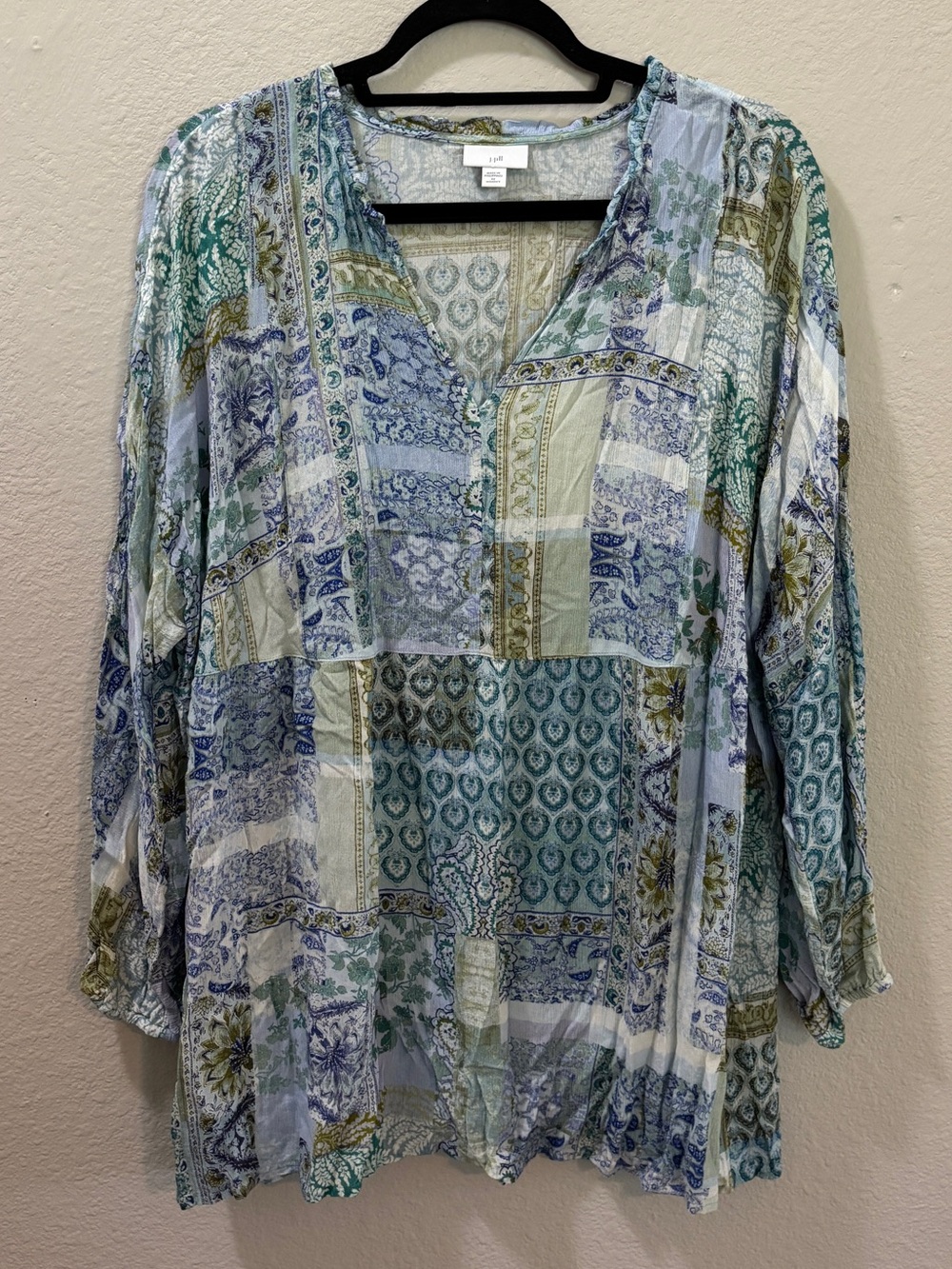 J. Jill Blue Green Patchwork Paisley Boho Gauzy Tunic Blouse Size 2X